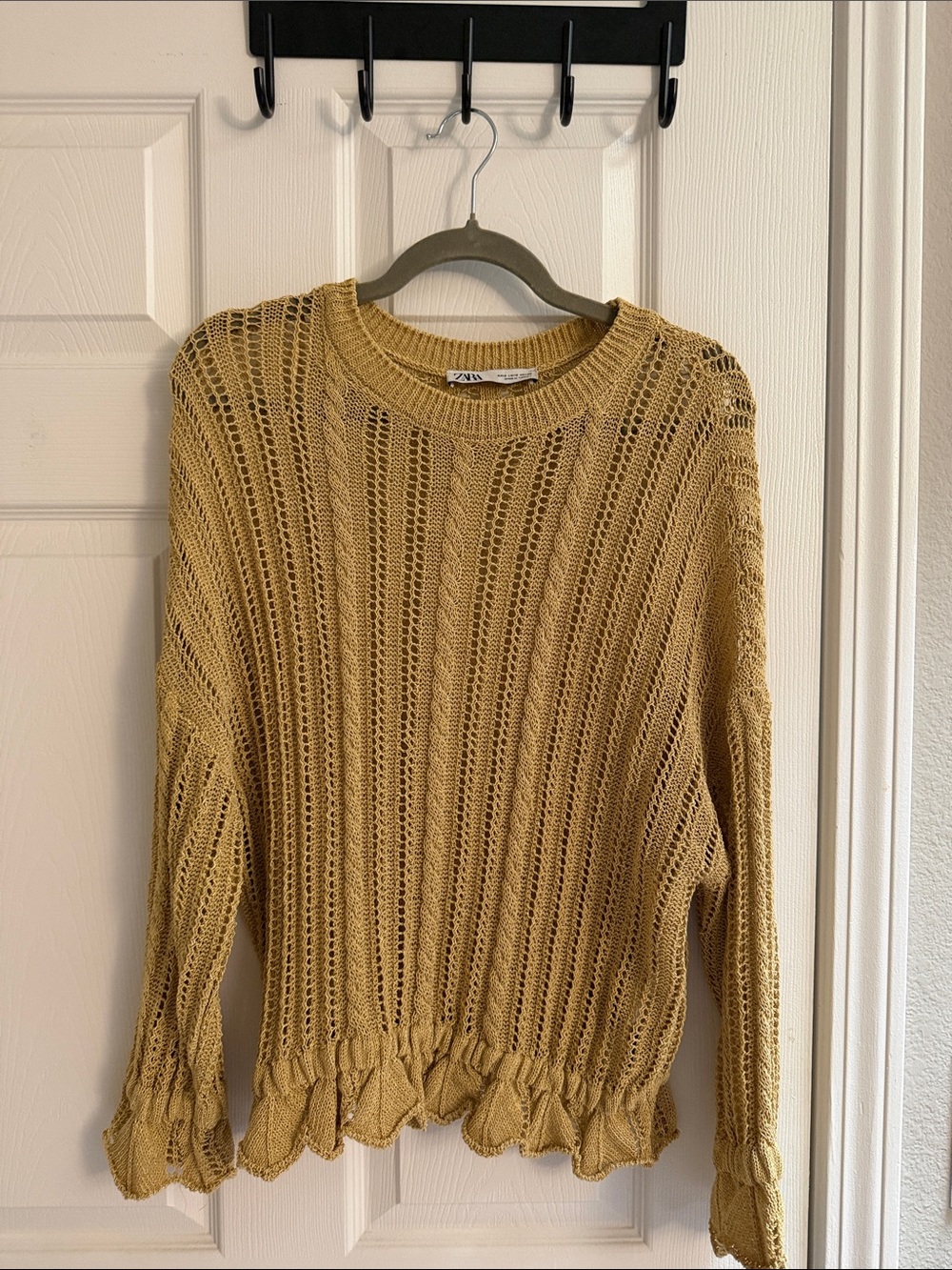 Zara Ochre Openwork Ruffle-Hem Crew Neck Sweater